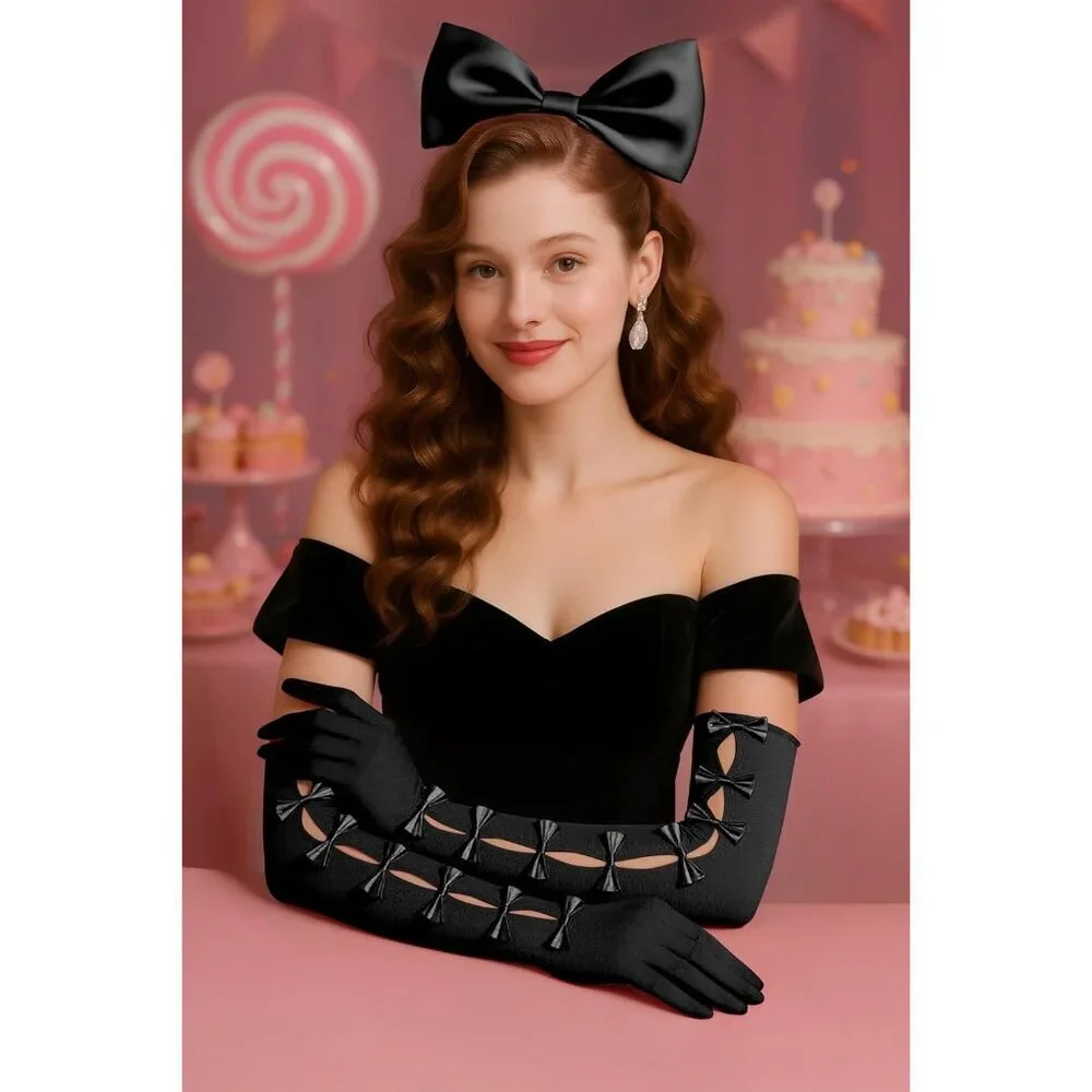 Women's Princess Black Long Sleeves Gloves Bow Lace Mesh Tulle Party Prom